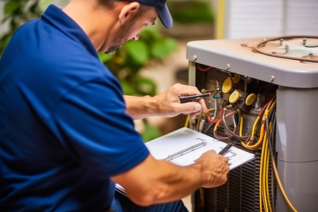 Tech fixing the wiring of HVAC
