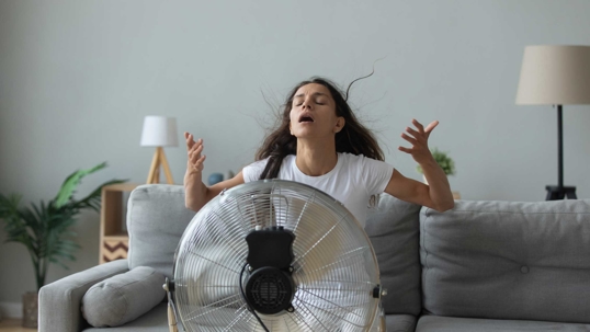 Woman with fan Infront of her